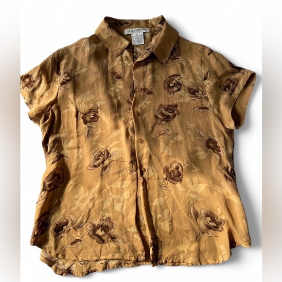 Jones New York 90s Womens Floral Short Sleeve Button Up Shirt Yellow Silk Small - Picture 1 of 11